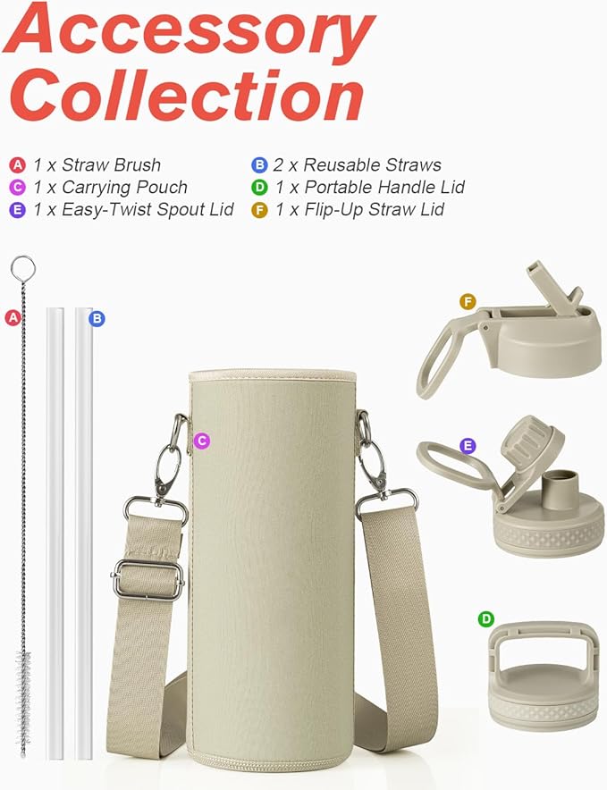 Coolflask Water Bottle Insulated with Straw & 3 Lids, 40 oz Water Jug Large Metal Stainless Steel Wide Mouth for Sports, Gym or Office, Non-BPA Keep Cold 48H Hot 24H, Greige