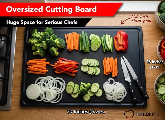 Thirteen Chefs Extra Large 30 x 18 Inch Grooved Cutting Board - Carving Meat, BBQ, Fish, Meat and Game – 1/2 Inch Thick Black HDPE Plastic, 10 pounds