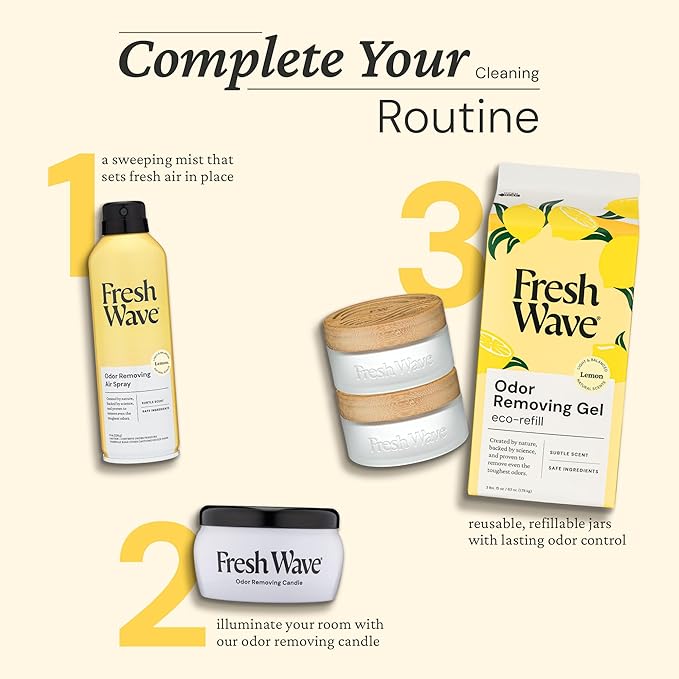 Fresh Wave Odor Removing Gel Eco-Refill, 63 oz. Lemon Scent | 2 Empty Refillable Glass Jars | 2 Room Set