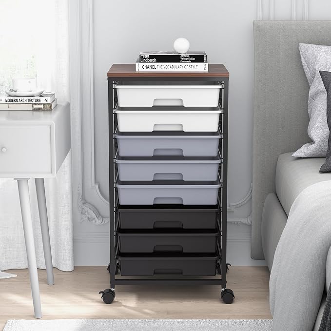 SYKIARIOL Rolling Cart with Drawers,Utility Cart With 8 Drawers and Wooden Tabletop for Living Room,Classroom,Bedroom,Bathroom,Dorm,Office,Dark Grey