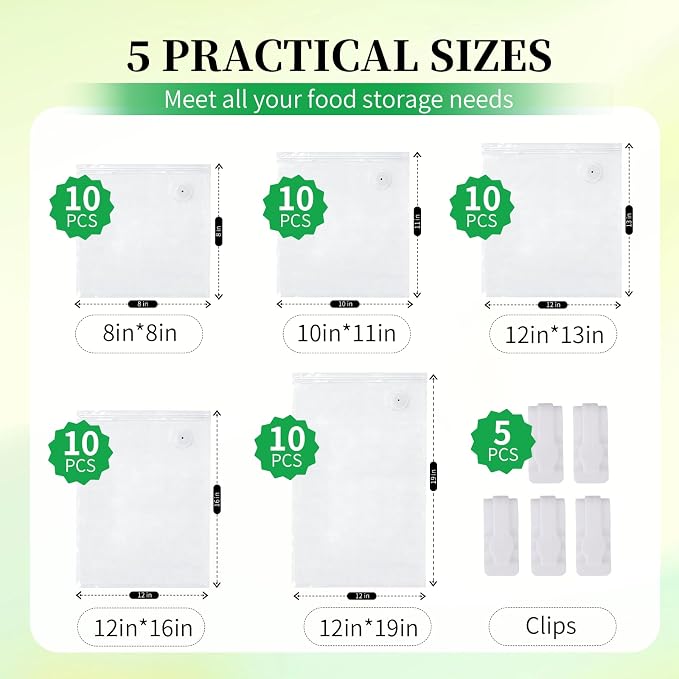 50 Pack Reusable Vacuum Sealer Bags for Food, 5 Assorted Sizes | BPA-Free Food Storage Bag for Sous Vide Cooking or Microwave Heating, Compatible with Handheld Sealer and Vac Sealer Machine
