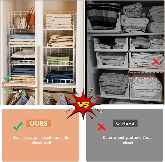 Yociyoga 4-Tier Stackable Closet Organizers and Storage Basket, Foldable Closet Shelf Organizer System, Space-Saving Clothes Storage Drawer Organizer for Wardrobe, White ((Patent 30022416))