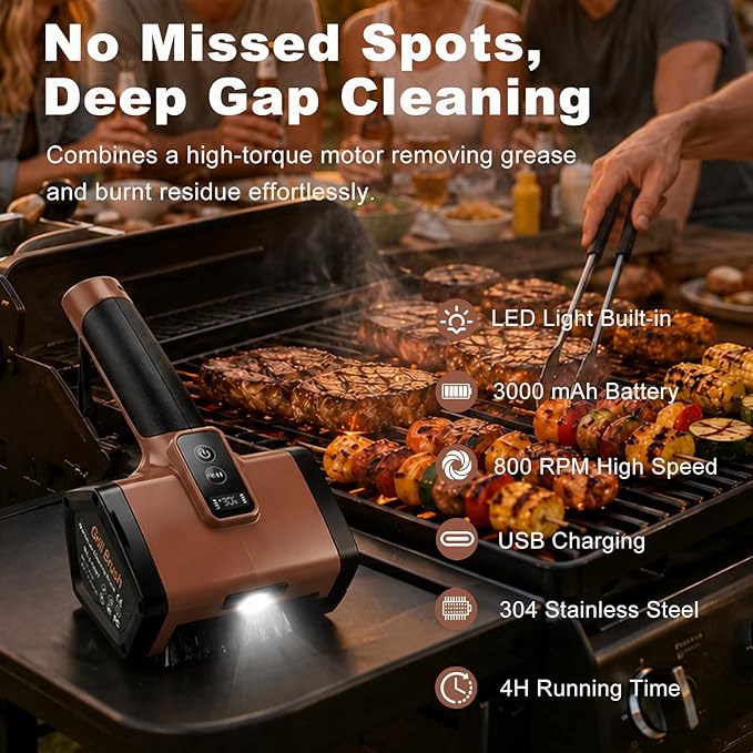 Electric BBQ Grill Brush,3000mAh Electric Grill Cleaner for Outdoor Grill, 2-Speed Power, Type-C Charging, 2 Brush Heads & LED Light, Motorized Grill Cleaning Brush for Camping & Family BBQ (Brown)