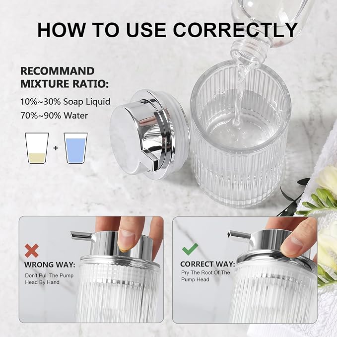 KASUNTING Foaming Soap Dispenser, 11 Fl Oz Clear Glass Foam Hand Soap Dispenser for Bathroom & Kitchen, Refillable Foaming Bottle with Sliver Pump, Modern Ribbed Dish Soap Foam Dispenser