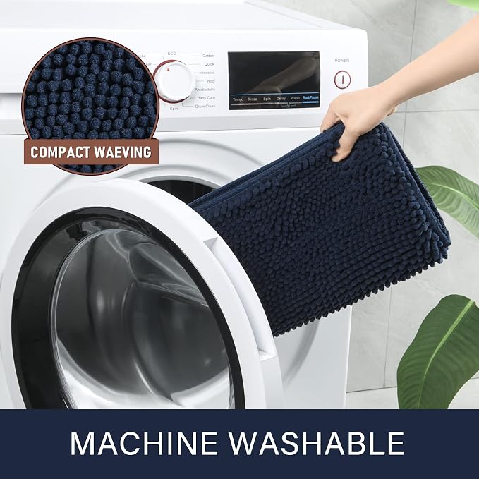 LOCHAS Luxury Bathroom Rug Shaggy Bath Mat 24 x 44 Inch, Navy | Washable Non Slip Bath Rugs for Bathroom Shower, Soft Plush Chenille Absorbent Carpets