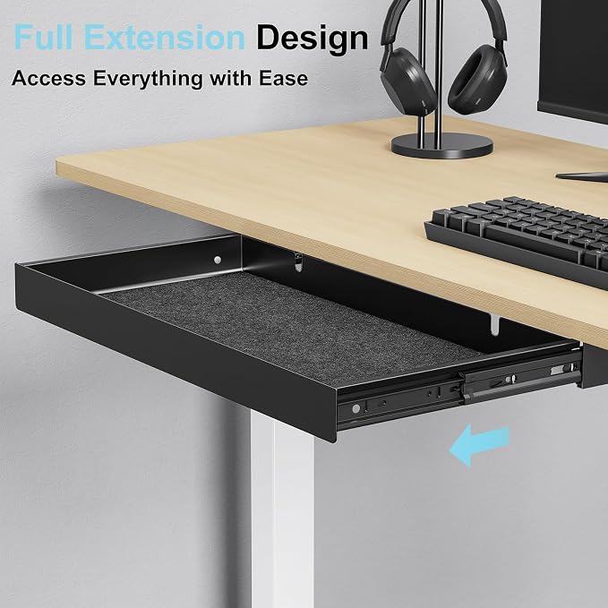 Under Desk Drawer,20.1 inch Carbon Steel Slide-Out Under Table Storage Organizer With Full Extension Ball-Bearing Slides,Undermount Drawer For Standing Desk & Home Office,Black