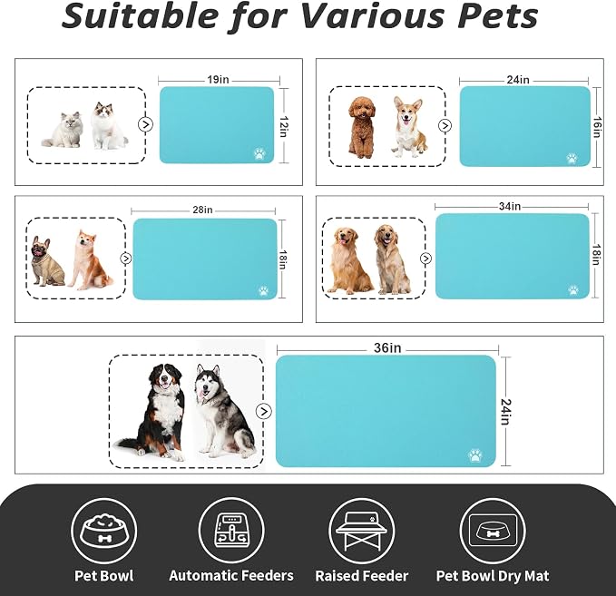 HotLive Dog Food Mat - Absorbent Cat Mat for Food and Water, No Stains Pet Feeding Bowl Mat, Easy to Clean Pet Placemats, Quick Dry Dog Water Dispenser Mat for Messy Drinkers | Paw Teal 12"x 19"