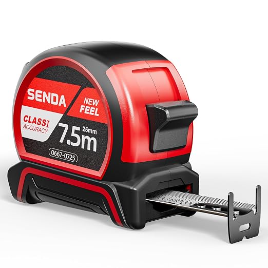 SENDA Tape Measure 25FT with 1/8 Fraction, Double-Hook Measuring Tape Retractable with 1 Inch Wide Blade & Belt Clip, ABS TPR Rubber Protection,Matte Nylon-Coated Blade for DIY, Construction (1 Pack)