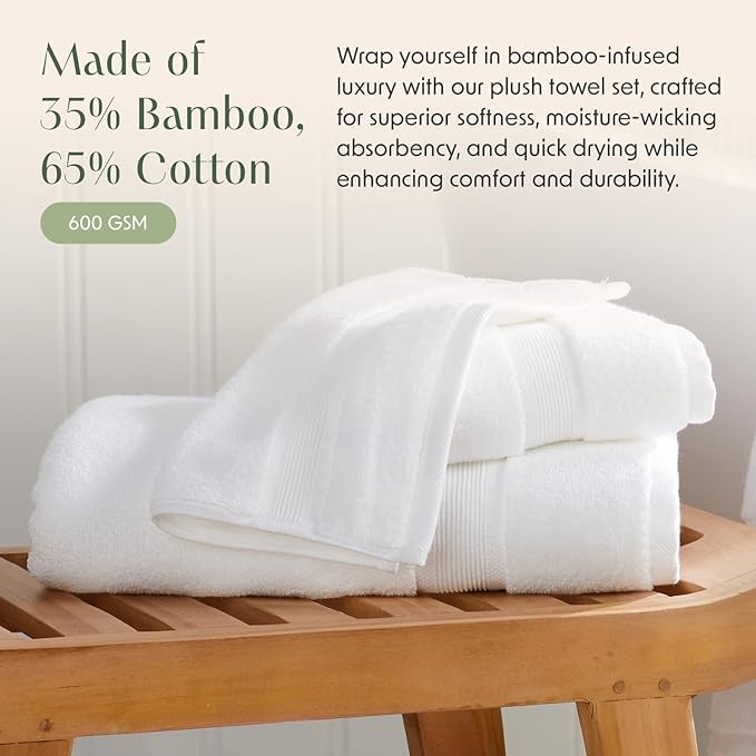 Springtree Home Luxury Bamboo Rayon Plush Bath Towel Set | 4-Pack | White | 35% Bamboo Rayon - 65% Zero Twist Cotton | Absorbent Quick-Dry Towels for Bathroom | Ultra Soft | OEKO-TEX Standard 100