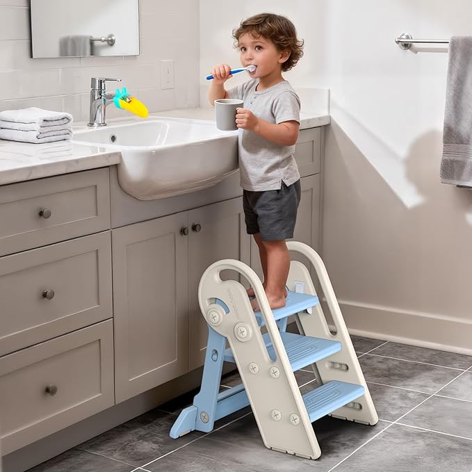 Onasti Toddler Step Stool with Handles, Adjustable Kids Stool Converts from 3-Step to 2-Step, Non-Slip and Anti-Tip Design for Safer Potty Training, Bathroom Sink and Kitchen Counter- Blue