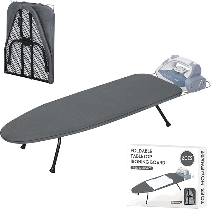 ZOES HOMEWARE Metal Mesh Panel Tabletop Ironing Board | Foldable Iron Board | Heavy Duty Small Iron Board with Heat Resistant Cover and 100% Cotton 8mm Thicken Pad | 31.5"x11.8"x6.2"