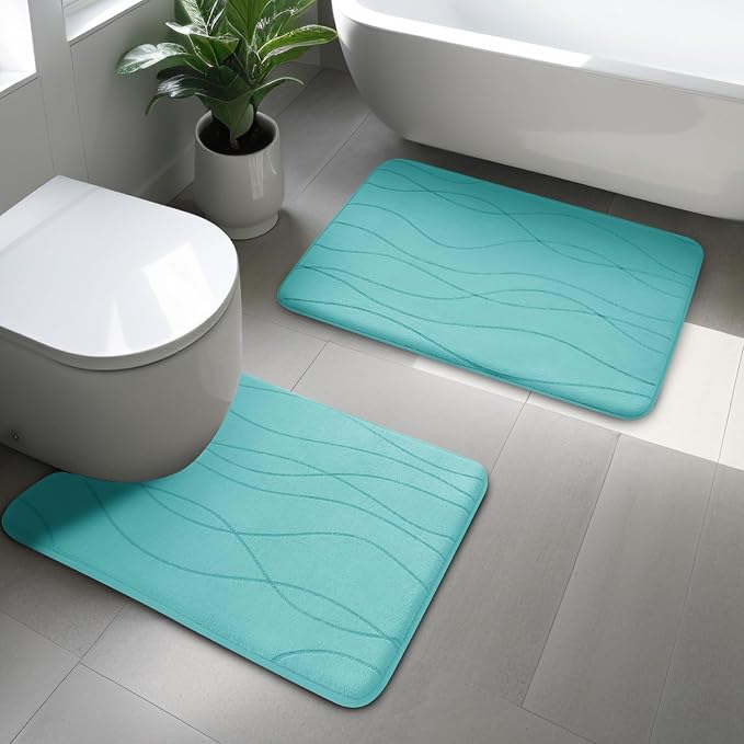 YIHOUSE Bathroom Rugs Set 2 Piece, Memory Foam Bath Mat Teal | U Shaped+Small Mat, Ultra Soft, Absorbent, Non-Slip, Machine Washable, for Bathroom, Sink and Toilet