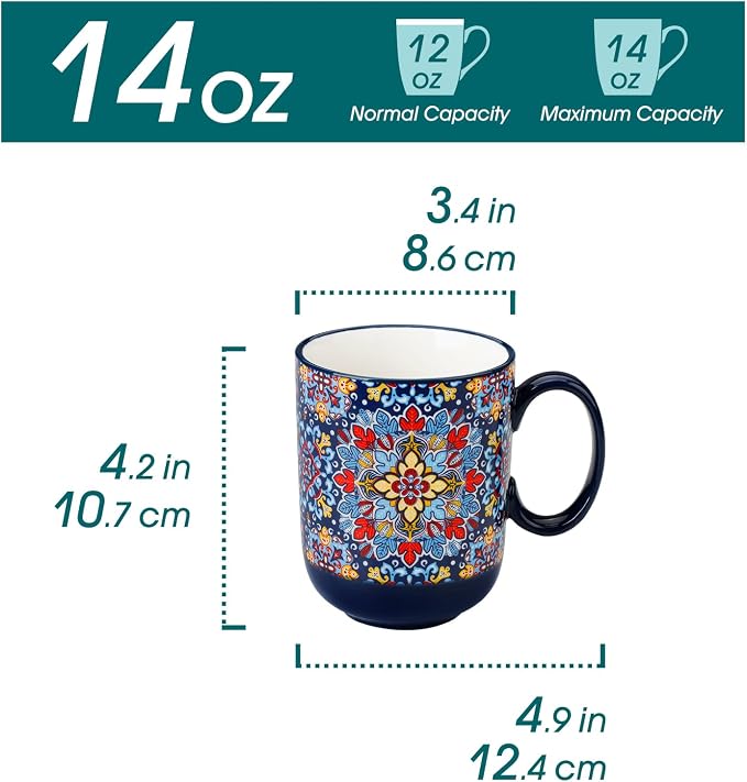 vancasso Simi Boho Coffee Mugs Set of 6, 14 oz Ceramic Mugs with Handle, Colorful Porcelain Cups Microwave Dishwasher Safe, for Latte Tea Cappuccino Cocoa Hot Chocolate
