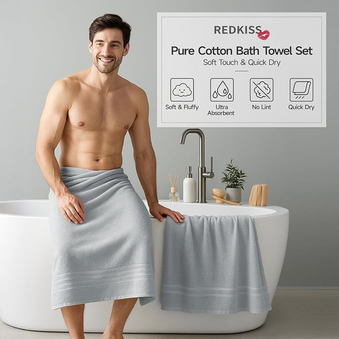 REDKISS Light Grey Towels Set 6 Piece Cotton Towel Sets with 2 Bath Towels, 2 Hand, 2 Washcloths, 650GSM Hotel Quality, Soft, Highly Absorbent Towels for Bathroom Gym, Ideal Everyday Use
