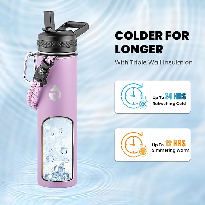 RAYMYLO Insulated Water Bottle 24 oz, Triple Wall Vacuum Stainless Steel (Cold for 24Hrs, Hot for 12Hrs), Leak Proof & Non-BPA, Modern Water Flask Jug with Paracord Handle & Straw Spout Lids