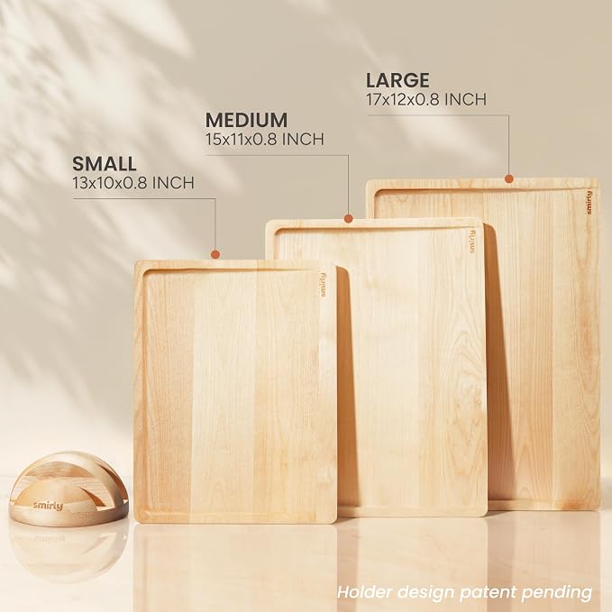 SMIRLY Cutting Boards for Kitchen, 3 Piece Birch Cutting Board with Stand | Non Toxic Wooden Cutting Board with Juice Grooves and Handles, Multiple Sizes Chopping Boards for Meat Vegetable Charcuterie
