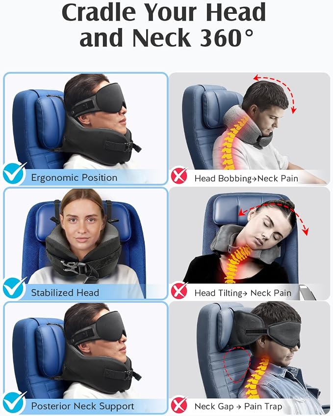 YFONG Travel Pillow for Long Flight Airplane, Head Strap Combo with 3D Contoured Sleep Eye Mask, Neck Pillow for Travel Essential, 360° Support Memory Foam Headrest, Prevent Bobbing, Drawstrap - Black