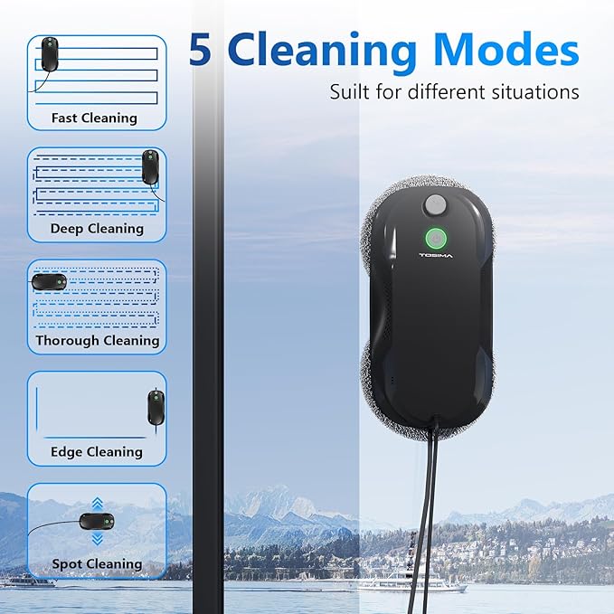 Tosima W5 Window Cleaning Robot, Dual Direction Auto-Spray Smart Window Cleaner with Triple Safety System, Smart Navigation, Remote Control, for All Smooth Surfaces, with 8 Rags, Black Robotic Vacuums