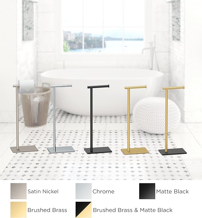 Gatco 1431MXB Modern Rectangle Base Freestanding Toilet Paper Holder, Matte Black/Brushed Brass, Weighted Base, 21.25" Bathroom Tissue Stand