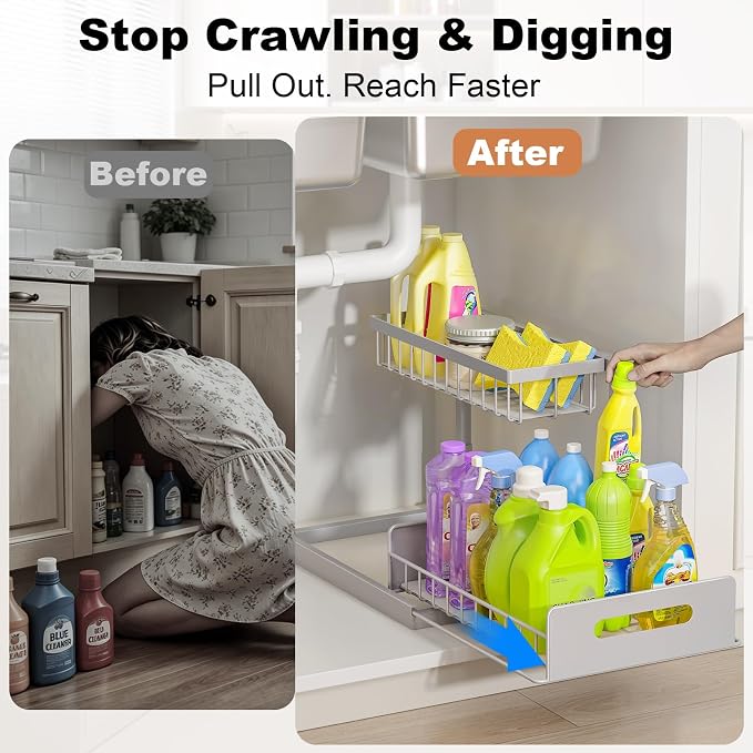 REALINN Under Sink Organizer, Pull Out Cabinet Organizer 2 Tier Slide Out Sink Shelf Cabinet Storage Shelves, Storage for Kitchen Bathroom, Grey, 2 Pack