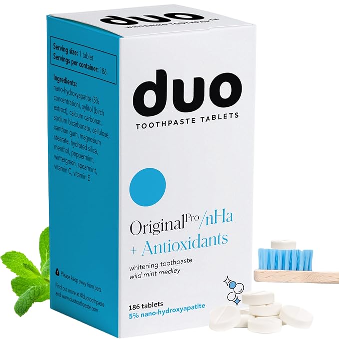 Duo Toothpaste Tablets with Nano-Hydroxyapatite, Wild Mint, 186 Tablets | Nano-hydroxyapatite, natural whitening, enamel remineralization, sensitivity relief, fluoride free, plastic free, wild mint