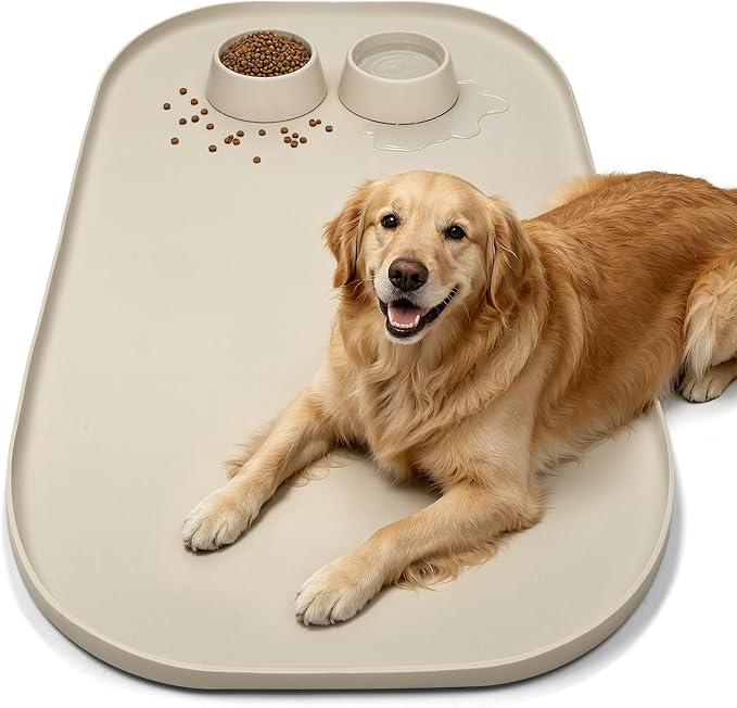 SMILOOL Waterproof Silicone Pet Food Mat with Raised Edge for Dog & Cat | 36" x 24" Non-Slip Large Pet Feeding Mats with Lip for Food & Water Bowl, Food Grade, Easy Cleaning, Beige
