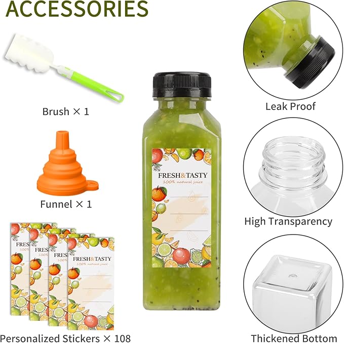 TOMNK 100pcs Juice Bottles, 12oz Plastic Bottles with Caps, Reusable Juice Bottles with Caps Clear Bulk Beverage Containers with Lids, Label, Funnel and Brush for Juicing, Milk, Smoothie and Beverages