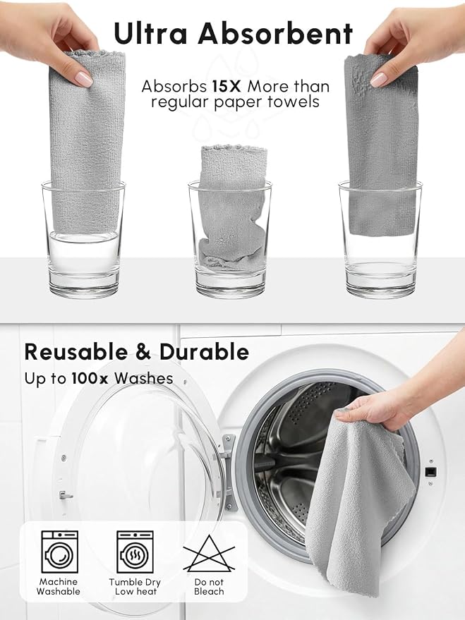 Microfiber Cleaning Cloths Roll, 75 Pack Tear Away Microfiber Towels Roll, 12" x 12" Lint Free Rags, Reusable Cleaning Cloths, Washable, Scratch Free,Ultra Absorbent Dish Rags(Grey)