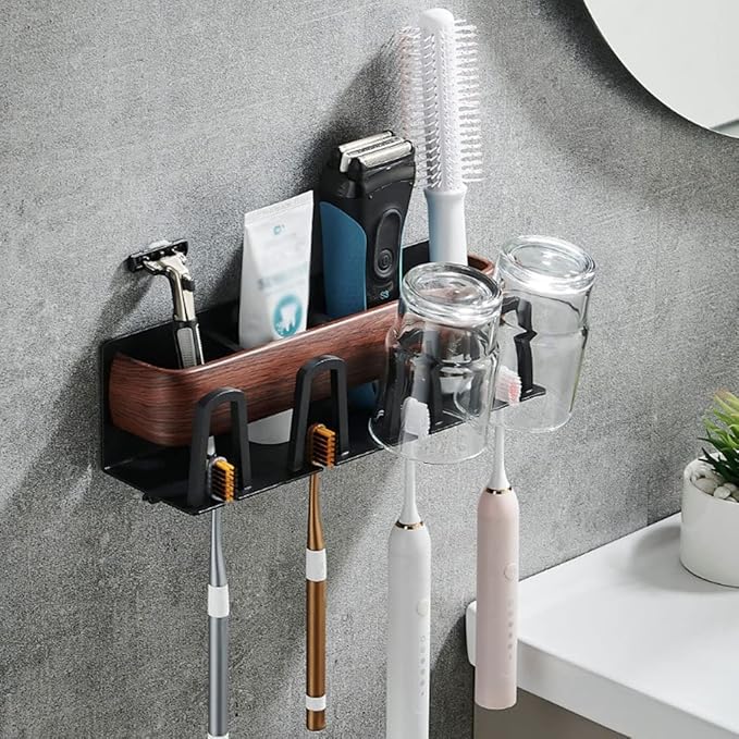 Toothbrush Rack Wall Mounted Wood Grain Toothbrush Holder Multifunctional Storage Rack Bathroom Toothpaste Holder with Hook Accessories Bathroom Toothbrush Holder(Large)