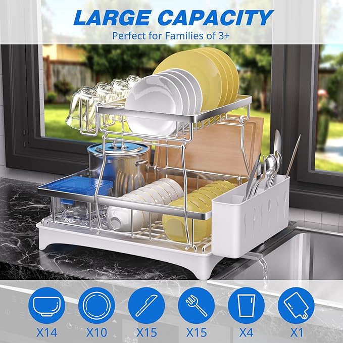 Godboat 2-Tier Dish Drying Rack - 304 Stainless Steel Dish Rack Auto Drain | Dish Racks for Kitchen Counter, Dish Drainer with Knife Fork & Cup Rack, Gifts for Women, Mothers Day, Kitchen Gadget, Silver
