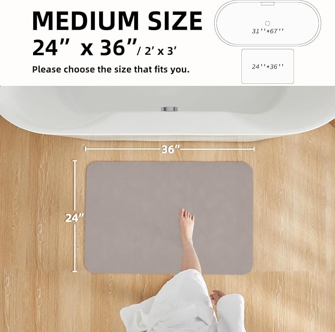 TYUU Bathroom Mat Quick Dry, Bathroom Rugs Non Slip Washable Thin Absorbent Bath Mat Fits Under Door Bathroom Floor Mat Perfect for Bath, Shower, or Sink 24"x36" Light Grey