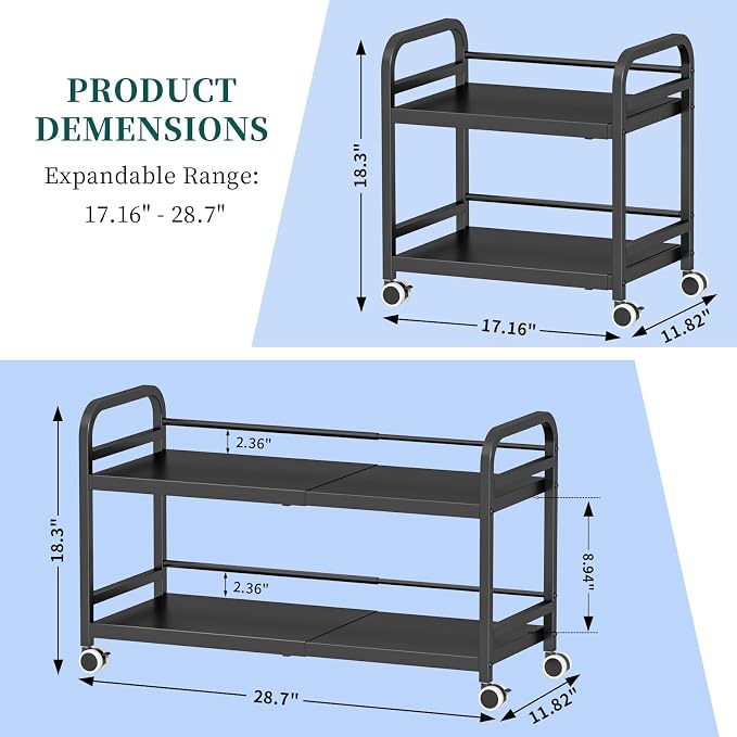 2-Tier Expandable Rolling Cart, Pantry Storage Cart with Wheels, Adjustable Rolling Pantry Floor Organizer, Metal Under Desk Cart, Can Storage & Snack Organizer for Kitchen Pantry, Black