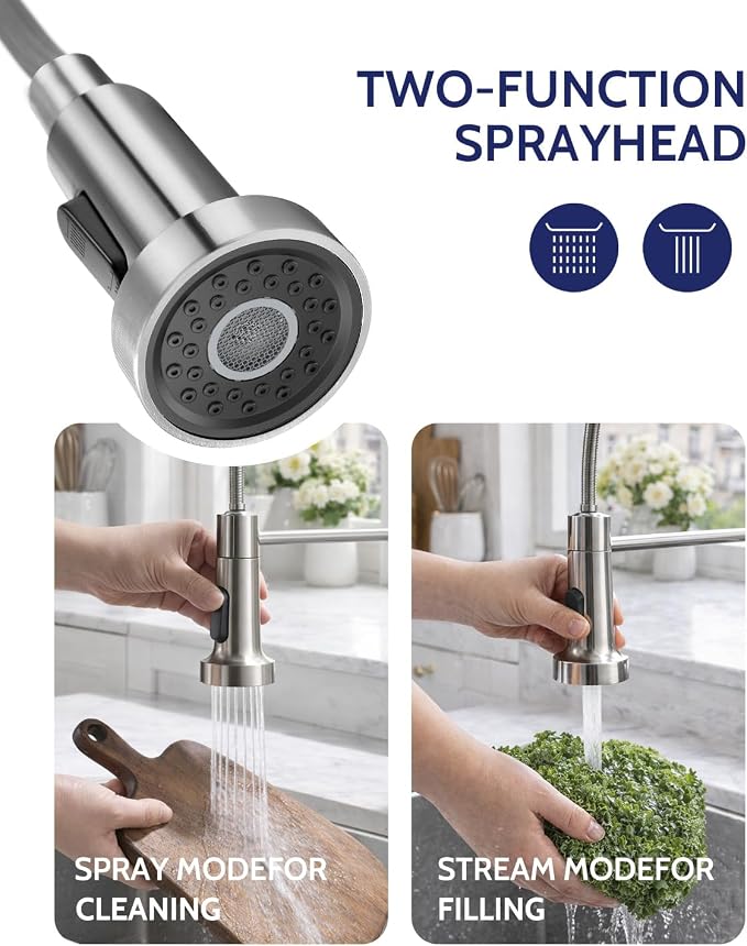 LUFEIDRA Kitchen Faucet with Pull Down Sprayer and Soap Dispenser, High Arc Spring 304 Stainless Steel Single Handle 1 or 3 Hole 2 Mode for Farmhouse RV Camper Laundry Bar Pot Filler (Brushed Nickel)