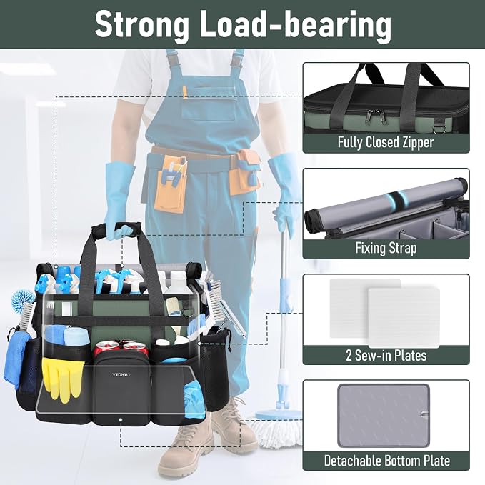 Ytonet Cleaning Caddy with Wheels, Extra Large Rolling Cleaning Caddy Bag with Detachable Trolley for Housekeepers, Water Resistant Cleaner Supplies Organizer with Wheels for Kitchen, Tool Organizer