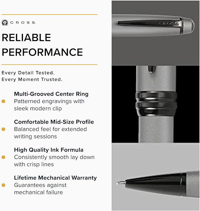 Cross Bailey Matte Gray Lacquer Ballpoint Pen - Refillable Pen for Long-Lasting Use - Smooth Writing - Comfortable Grip - Stylish Distinctive Look - Black Ink - Corporate Gifts