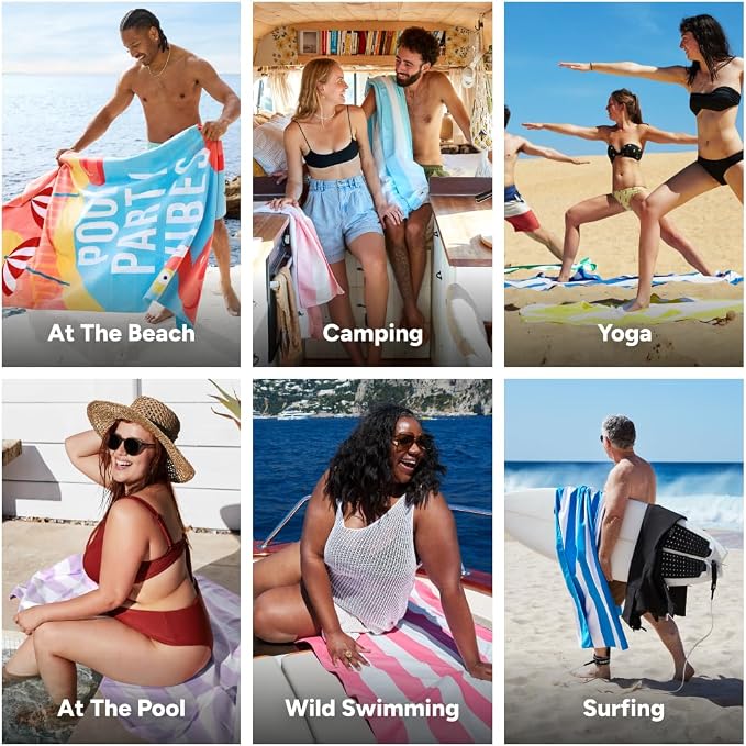 Dock & Bay Beach Towel - Quick Dry, Sand Free - Compact, Lightweight - 100% Recycled - Includes Bag - Pool Party Vibes - Extra Large (200x90cm, 78x35)