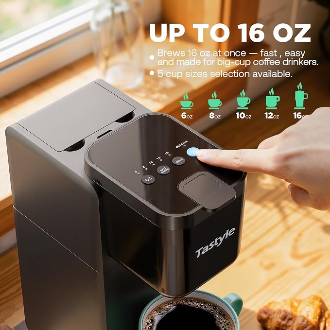 Tastyle Single Serve Coffee Maker Hot and Iced with Bold Brew, Up to 16 Oz | for K Cup and Ground, Fits 7.3'' Travel Mug, 5 Cup Sizes, Compact for Office, RV& Hotel, K320, 3.0 Version, Black