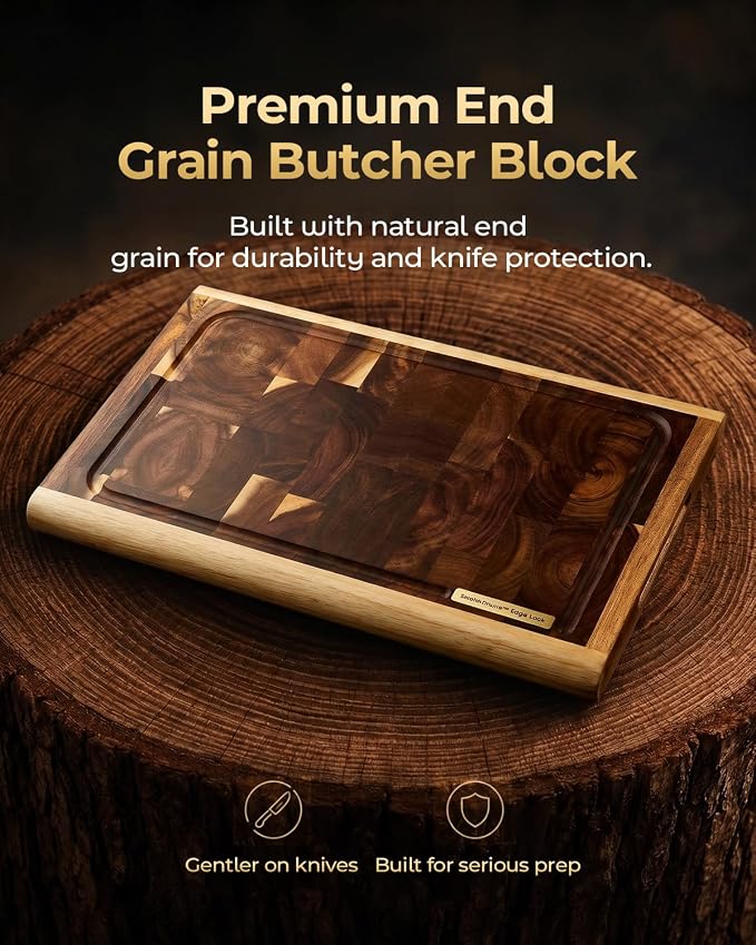 Acacia Wood End Grain Cutting Board 17x12x1.2 Inch | Thick Hardwood Cutting Board, Crack Resistant Design, Large Wood Board for Meat Prep, Non Toxic Kitchen Gift