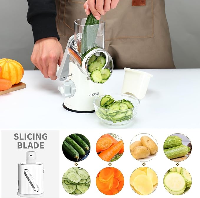 Cambom Rotary Cheese Grater Hand Crank Cheese Shredder for Fresh Cheese, Vegetable, Nuts,Non-slip Suction Base,Three Blades,White