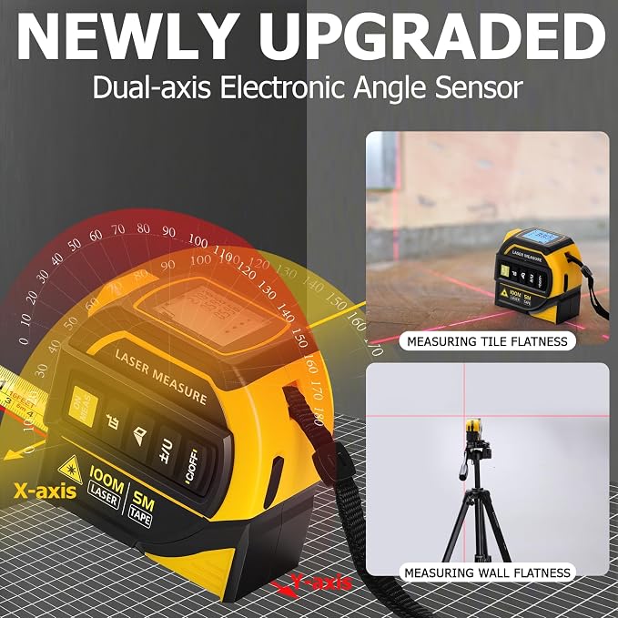 4-in-1 Digital Laser Tape Measure, 328ft/100m Laser Distance Meter with 16ft/5m AutoLock Measuring Tape, Dual-axis Angle, Cross-Line Leveling, Class II Laser Product, Output < 1mW