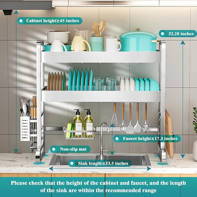 HOWDIA 3-Tier Over The Sink Dish Drying Rack, 304 Stainless Steel | Honeycomb Design, Cutlery Holder & Chopping Board Rack, 33.86” x 11.81” x 33.07” for Maximum Kitchen Storage