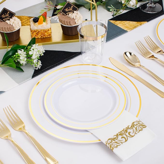 350 Pieces White and Gold Plastic Plates - 50 Guest Dinnerware Set Include 100 Plates, 50 Gold Plastic Silverware, 50 Paper Napkins and 50 Cups for Wedding/Baby Shower/Spring/Birthday/Thanksgiving
