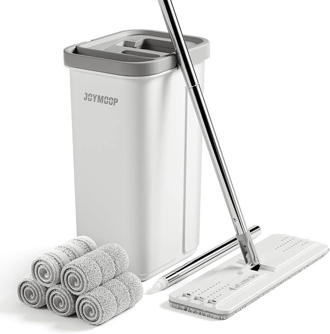 JOYMOOP Flat Mop System, Microfiber Mop and Bucket Set, White, Hands-Free Floor Cleaning Set with Wringer, 60" Handle, Wet and Dry Use, 5 Reusable Pads