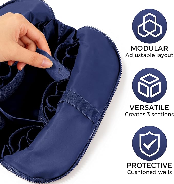 Travel Makeup Organizer Bag with Fold-Down Design and Adjustable Dividers, 27 Pockets & 3 Brush Storage Holders, Large Capacity Cosmetic Bags Toiletry Case - Navy Blue