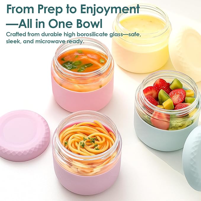 24 oz/3 Cup Glass Lunch Bowl Containers with Lids, 2 Pack, BPA-Free | Leak & Spill Proof, Microwave & Dishwasher Safe, Airtight Meal Prep & Food Storage Jar for Lunch, Soup, Oats, Stew, Yogurt