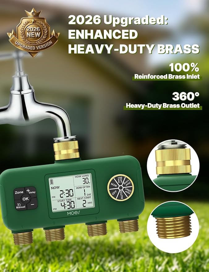 MOES 4 Zone Water Timer for Garden Hose, 1 in Inlet with 3/4 in Adapter, Brass Outlets, Battery Operated Sprinkler Timer, 4 Way Faucet Valve, Sequential Watering, Rain Delay, Non-WiFi
