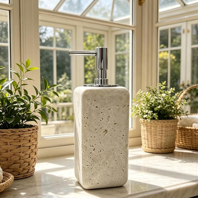 Travertine Stone Soap Dispenser Natural Organic Bathroom Soap Pump with Metal Push Pump, Elegant Square Hand Lotion Jar, Premium Heavy Duty Pump Bottle Lotion Jar for Kitchen/Laundry Room(Ivory White)