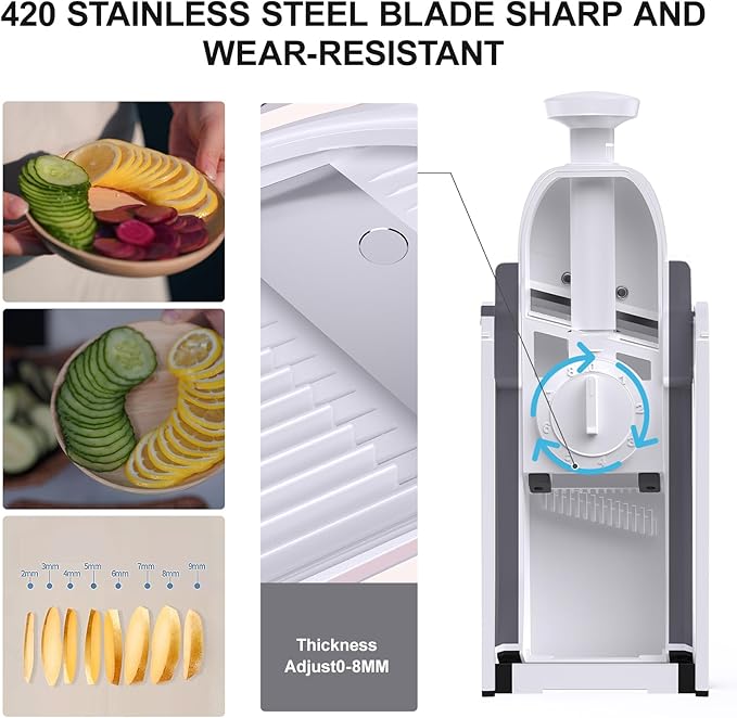 Safe Mandoline Slicer for Kitchen, Meal Prep, Potato Slicer, Adjustable/Easy to Clean/Storage, Kitchen Chopping Artifact, French Fry Cutter, Paring Knife/Cleaning Brush (only Slice, LightGrey)