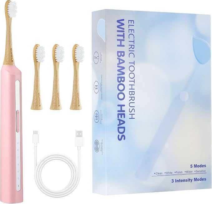 Sonic Electric Toothbrush with Bamboo Heads, Pink | Bamboo Electric Toothbrush, Soft Castor Oil Bristles, Smart Timer, 40000 VPM, 5 Modes, IPX7 Waterproof, 45-Day Battery Life