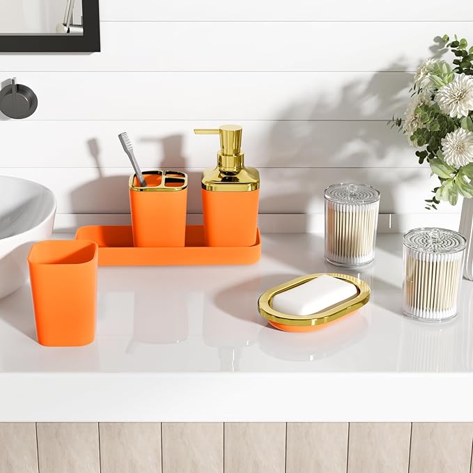 XLHOMO Bathroom Set, 9PC Bathroom Accessory Set, Orange Bathroom Accessories, Orange Bathroom Set, Trash Can, Soap Dispenser for Home Decor